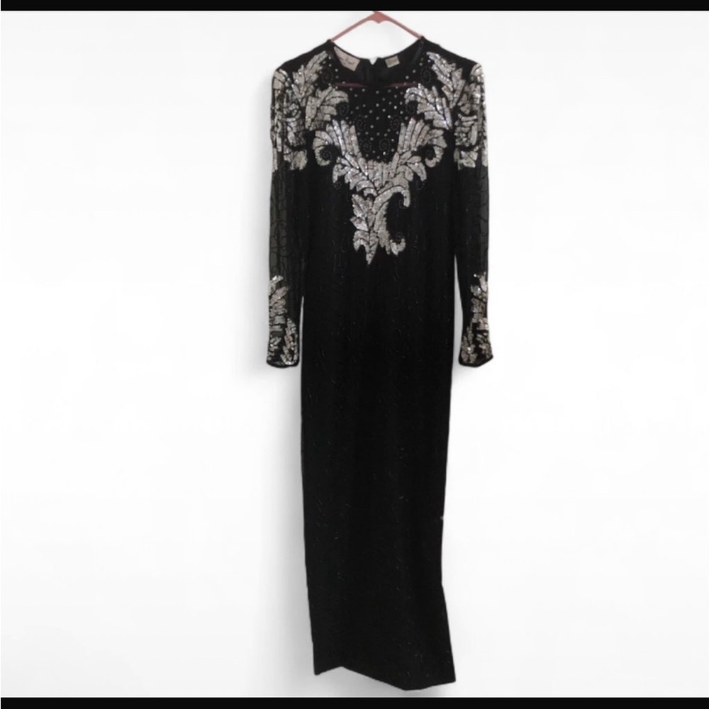 1980’s Black Long Sleeve Evening Dress with Silver Embellishment
